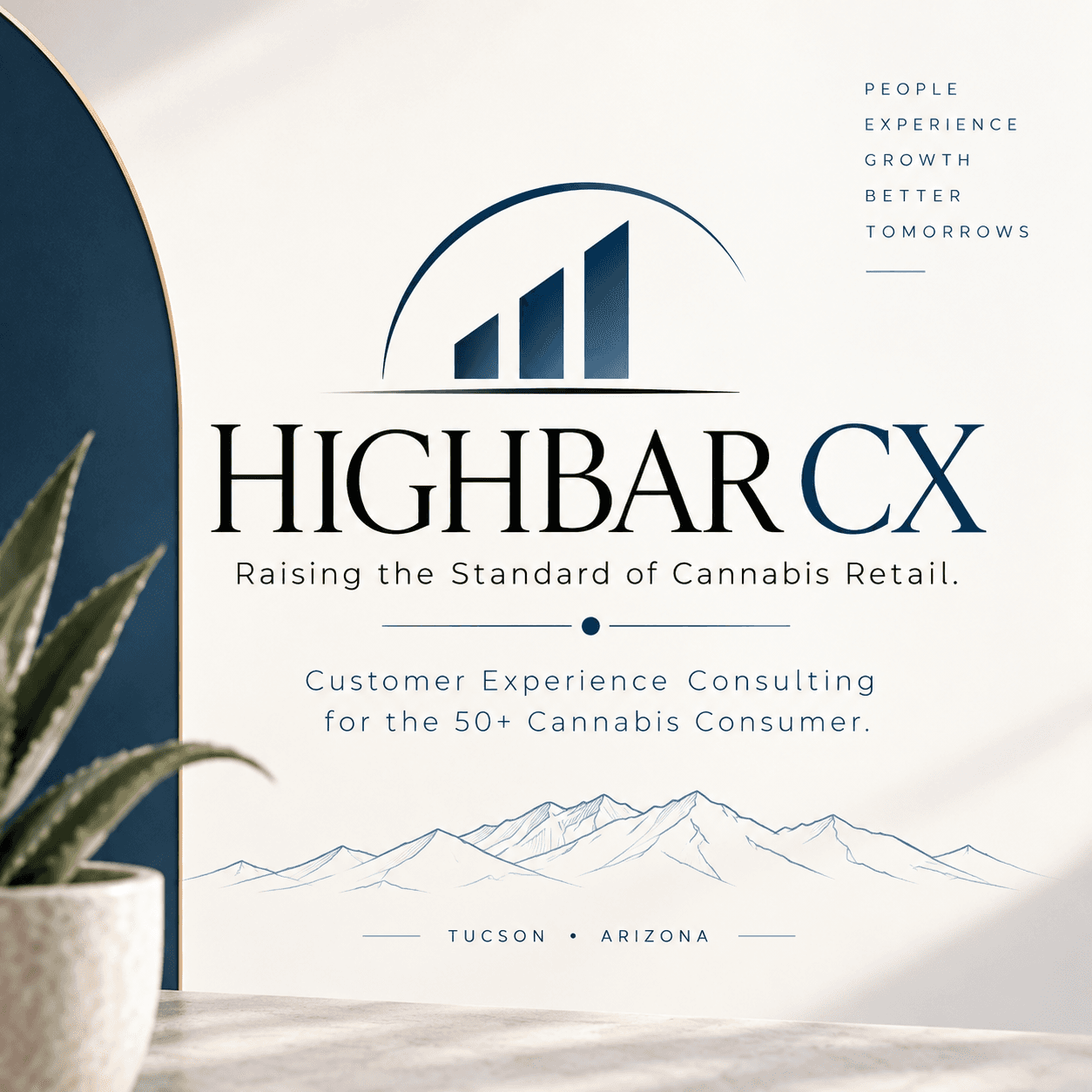 Highbar CX branding for cannabis retail consulting with mountain line art and a potted succulent.